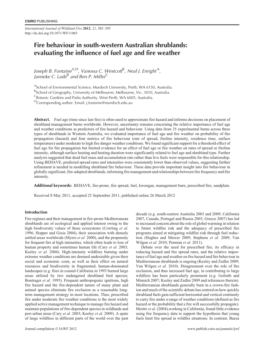 Pdf Fire Behaviour In South Western Australian Shrublands