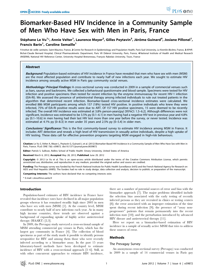 PDF) Biomarker-Based HIV Incidence in a Community Sample of Men Who Have Sex  with Men in Paris, France