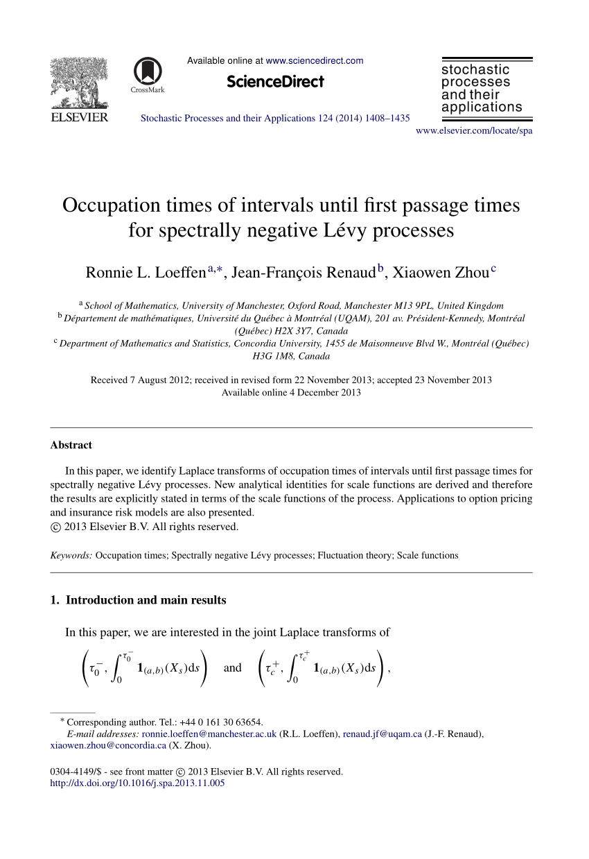 Pdf Occupation Times Of Intervals Until First Passage Times For Spectrallynegative Levy Processes