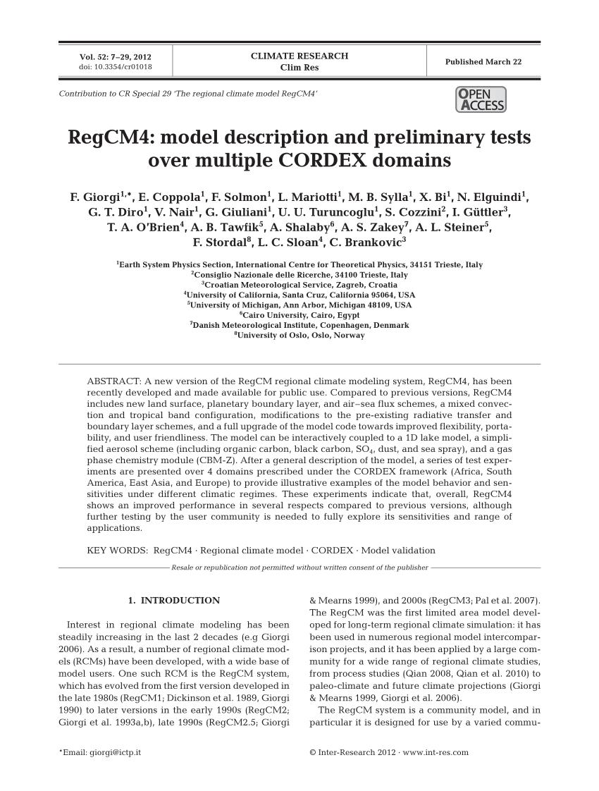 Pdf Regcm4 Model Description And Preliminary Tests Over Multiple Cordex Domains