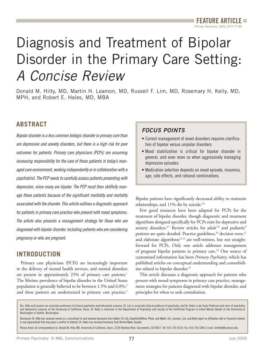 (PDF) Diagnosis and treatment of bipolar disorder in the primary care