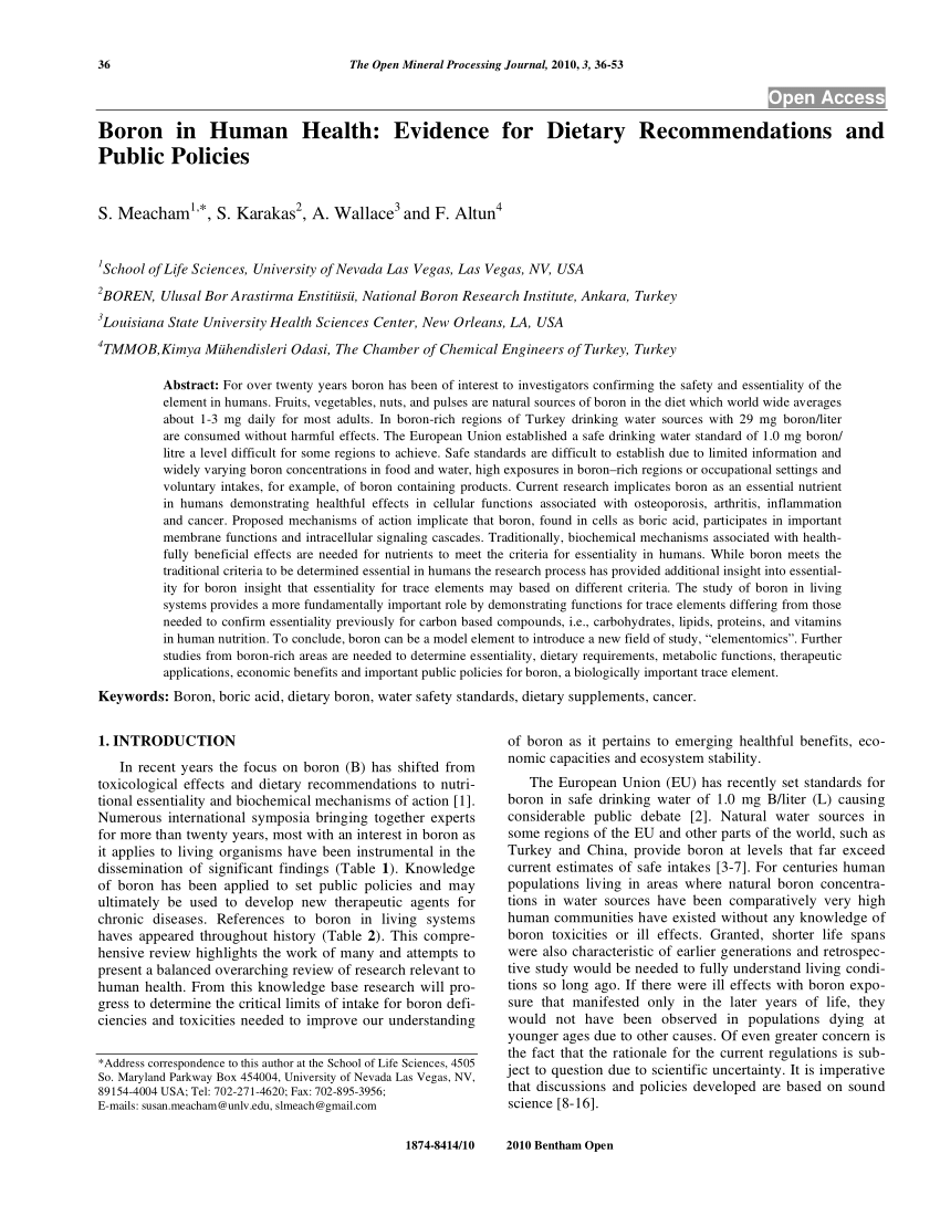 PDF) Boron in Human Health: Evidence for Dietary Recommendations