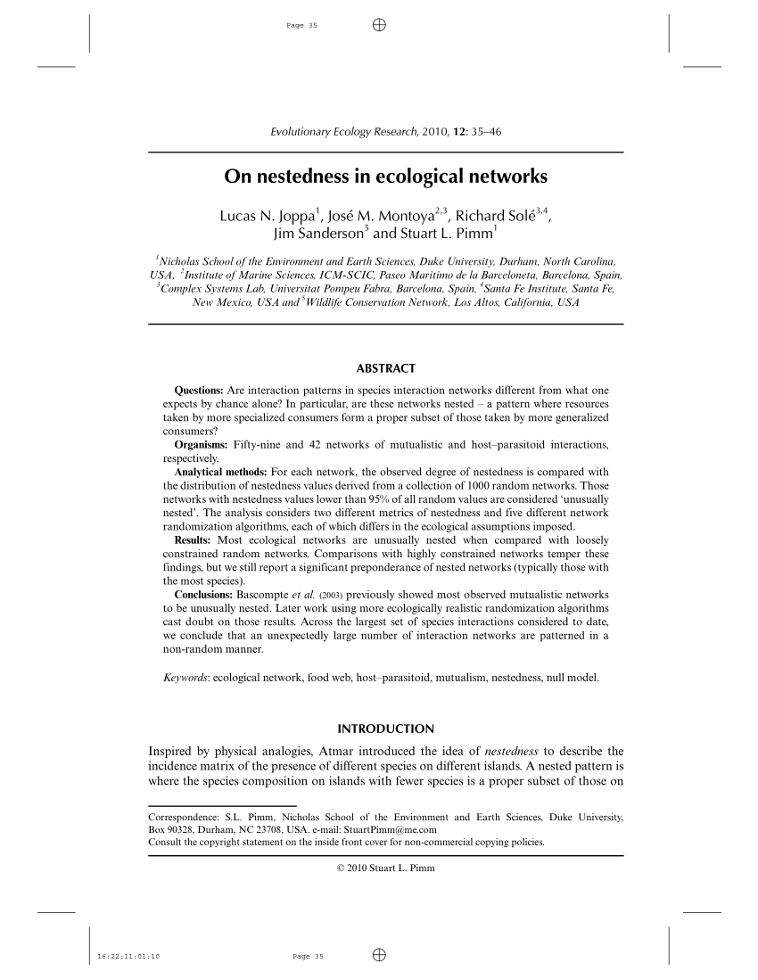 Pdf On Nestedness In Ecological Networks