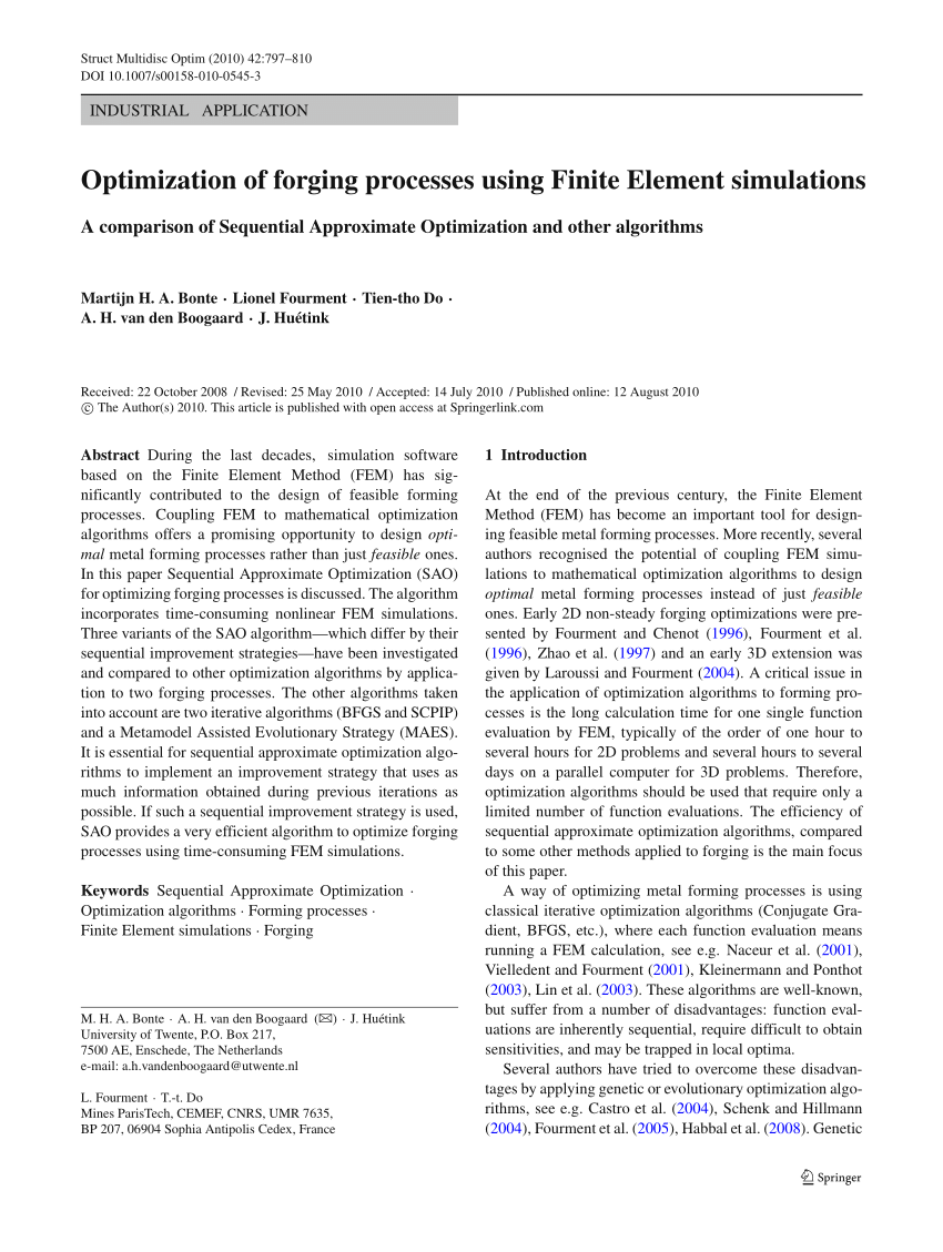 Pdf Optimization Of Forging Processes Using Finite Element Simulations A Comparison Of Sequential Approximate Optimization And Other Algorithms