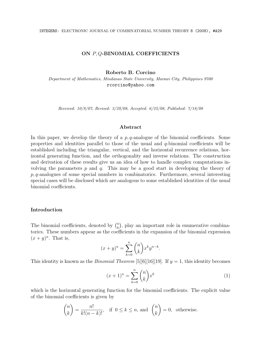 Pdf On P Q Binomial Coefficients