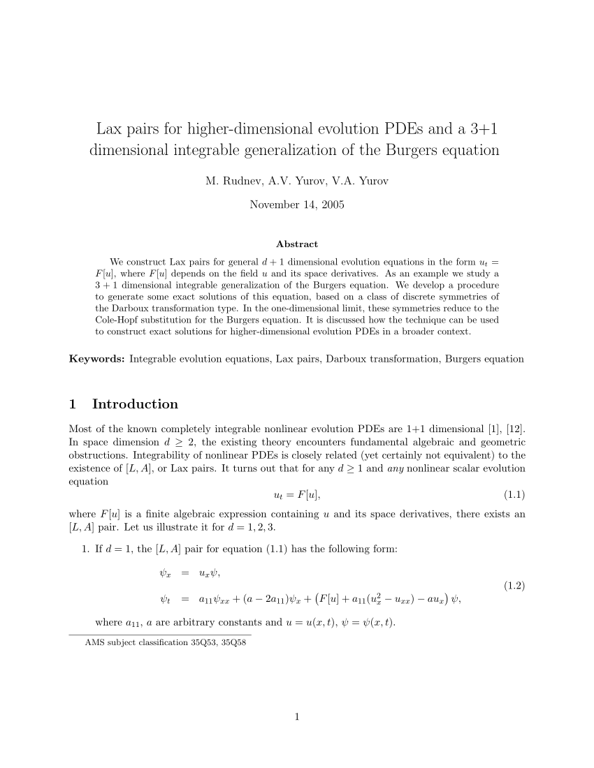 Pdf Lax Pairs For Higher Dimensional Evolution Pdes And A 3 1 Dimensional Integrable Generalization Of The Burgers Equation