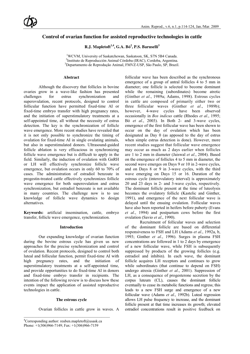 Pdf Control Of Ovarian Function For Assisted Reproductive Technologies In Cattle 6624