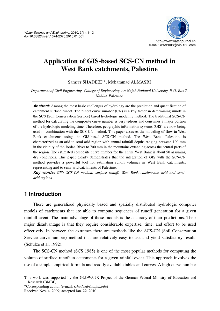 Pdf Application Of Gis Based Scs Cn Method In West Bank Catchments Palestine