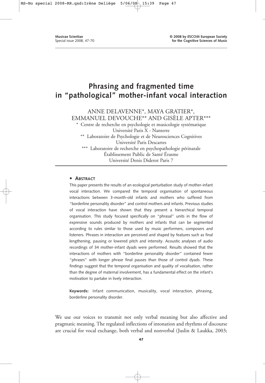 Pdf Phrasing And Fragmented Time In Pathological Mother Infant Vocal Interaction