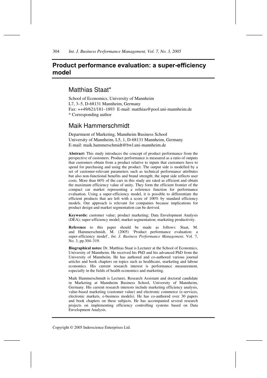 Pdf Product Performance Evaluation A Super Efficiency Model