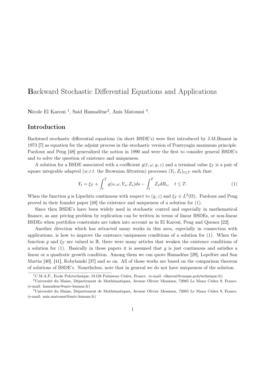 PDF) Backward stochastic differential equations and applications