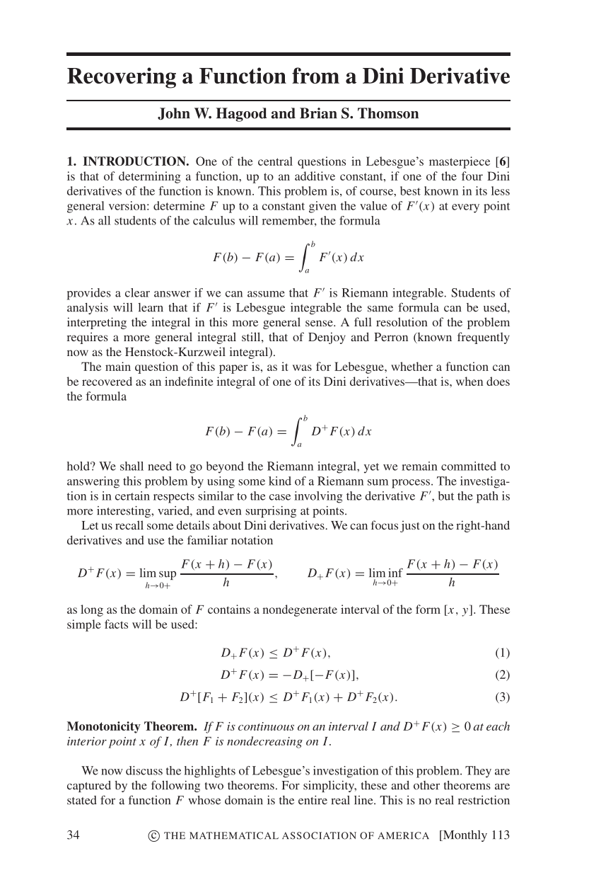 Pdf Recovering A Function From A Dini Derivative