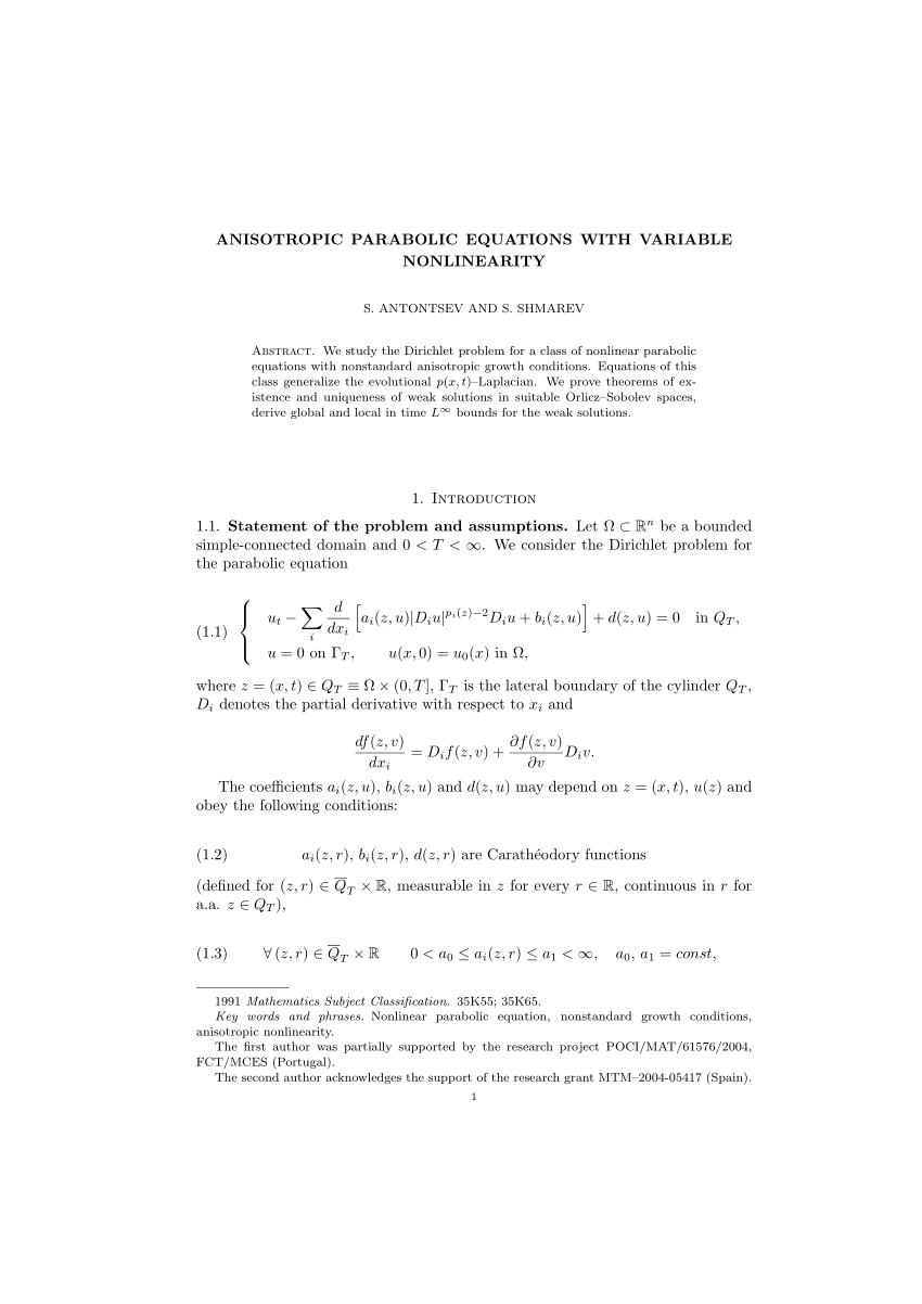 Pdf Anisotropic Parabolic Equations With Variable Nonlinearity