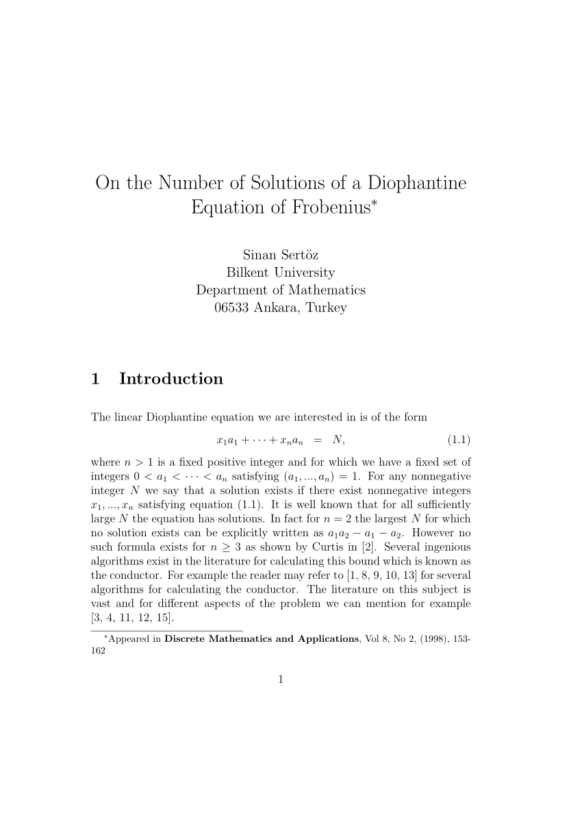 Pdf On The Number Of Solutions Of A Diophantine Equation Of Frobenius