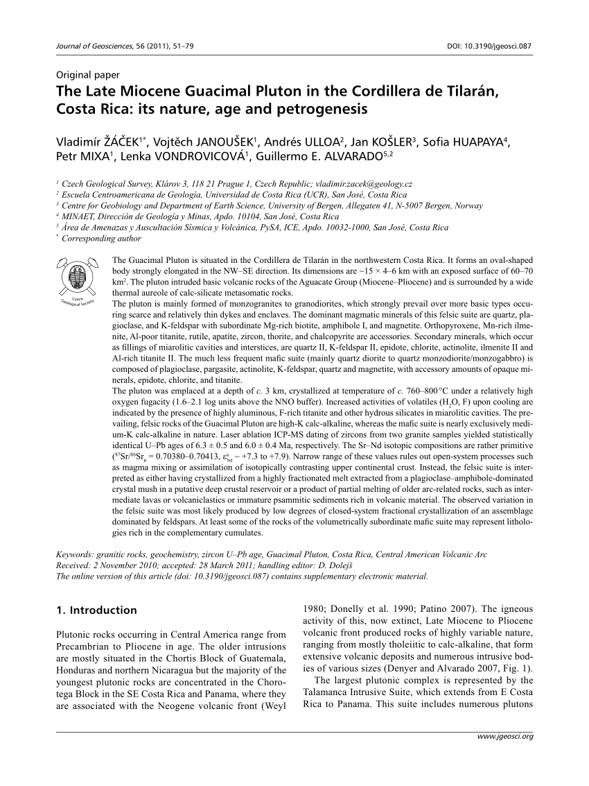 PDF) The Late Miocene Guacimal Pluton In The Cordillera De Tilarán.