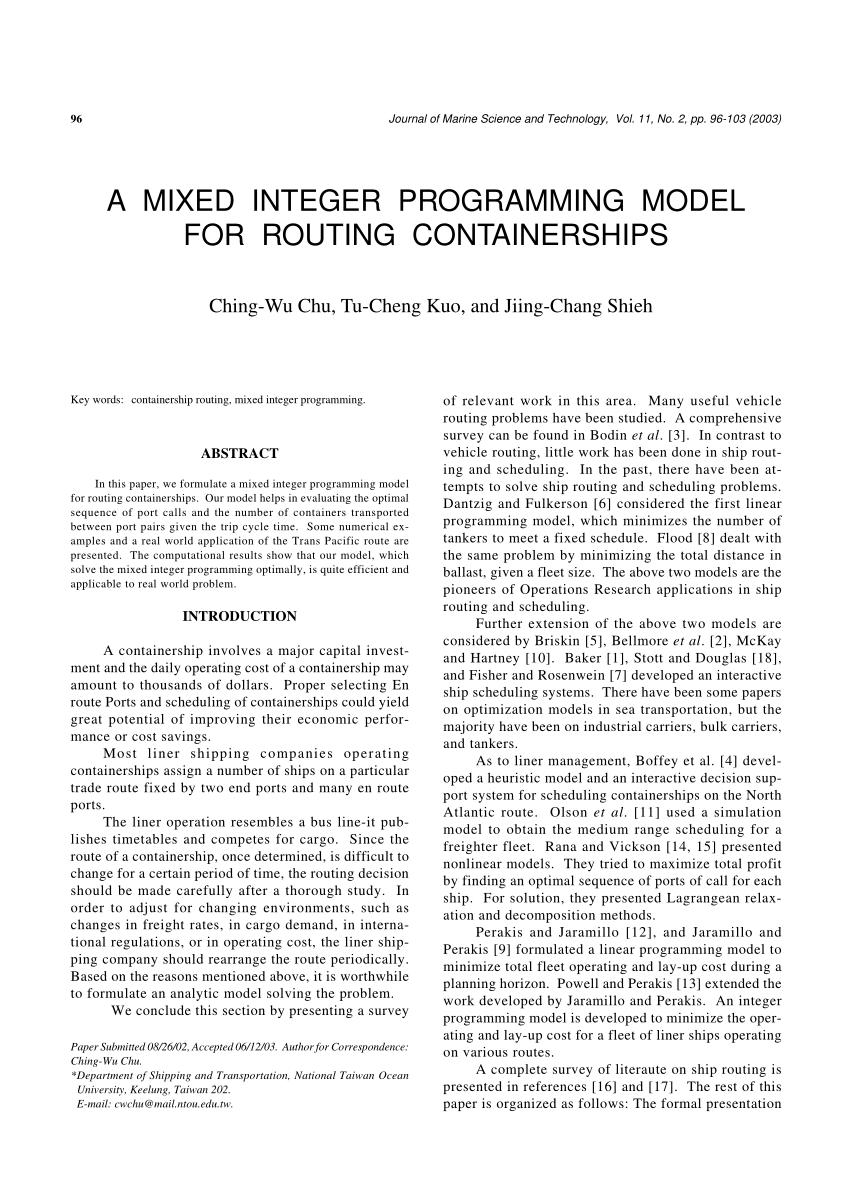 (PDF) A Mixed Integer Programming Model for Routing Containerships