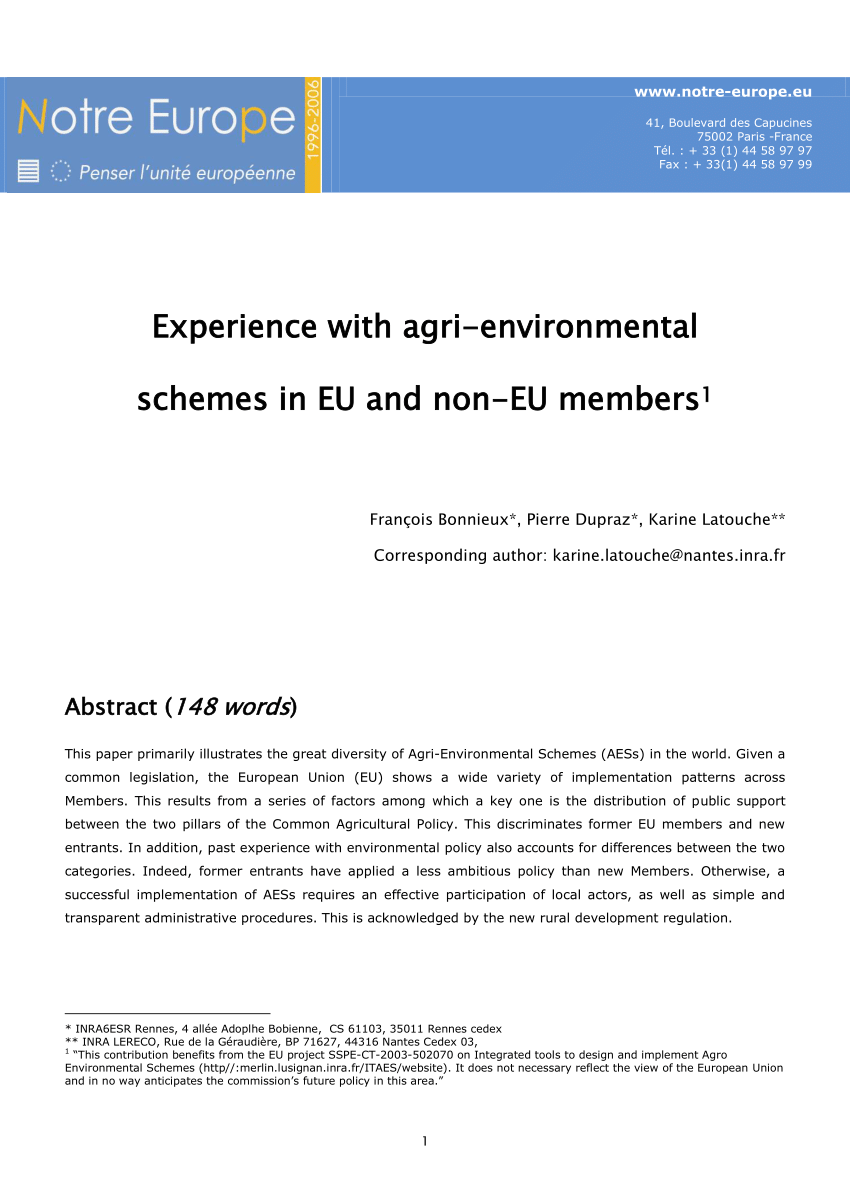 Pdf Experience With Agri Environmental Schemes In Eu And Non Eu Members