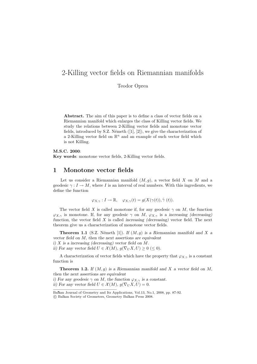 (PDF) 2-Killing vector fields on Riemannian manifolds