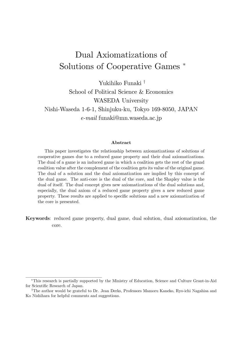 Pdf Dual Axiomatizations Of Solutions Of Cooperative Games