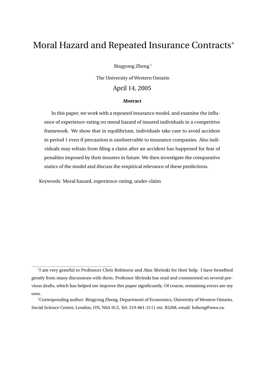 (PDF) Moral Hazard and Repeated Insurance Contracts