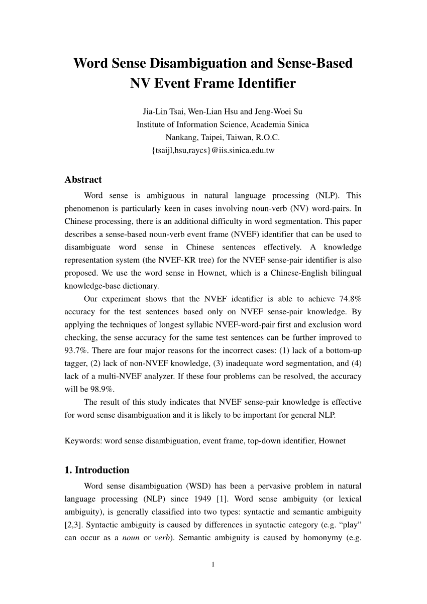 Pdf Word Sense Disambiguation And Sense Based Nv Event Frame Identifier