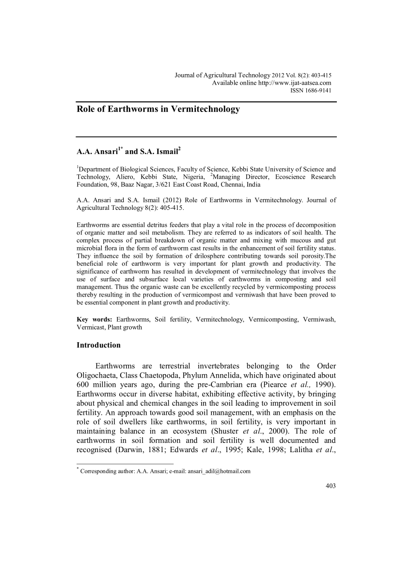 Pdf Role Of Earthworms In Vermitechnology