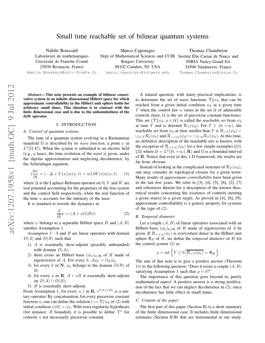 Pdf Small Time Reachable Set Of Bilinear Quantum Systems