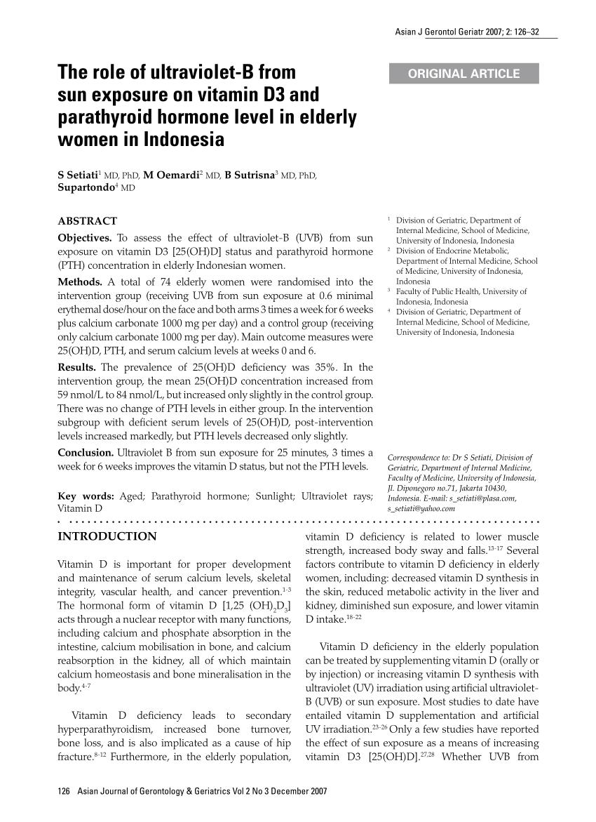 PDF) The role of ultraviolet-B from sun exposure on vitamin D3 and parathyroid hormone level in elderly women in Indonesia