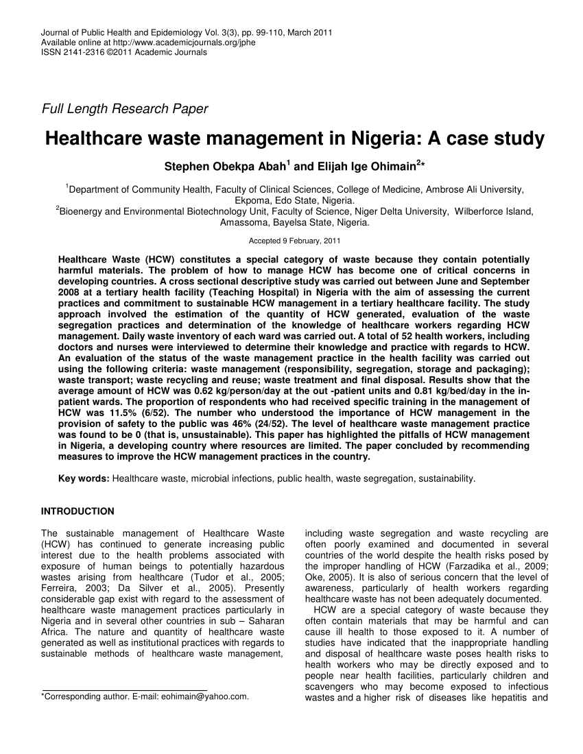 healthcare waste management in nigeria a case study