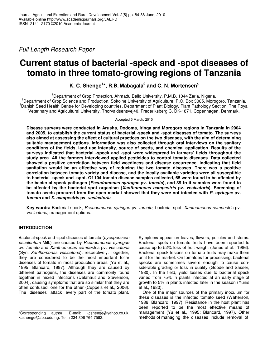 Pdf Current Status Of Bacteria Speck And Spot Diseases Of Tomato In Three Tomato Growing Regions Of Tanzania