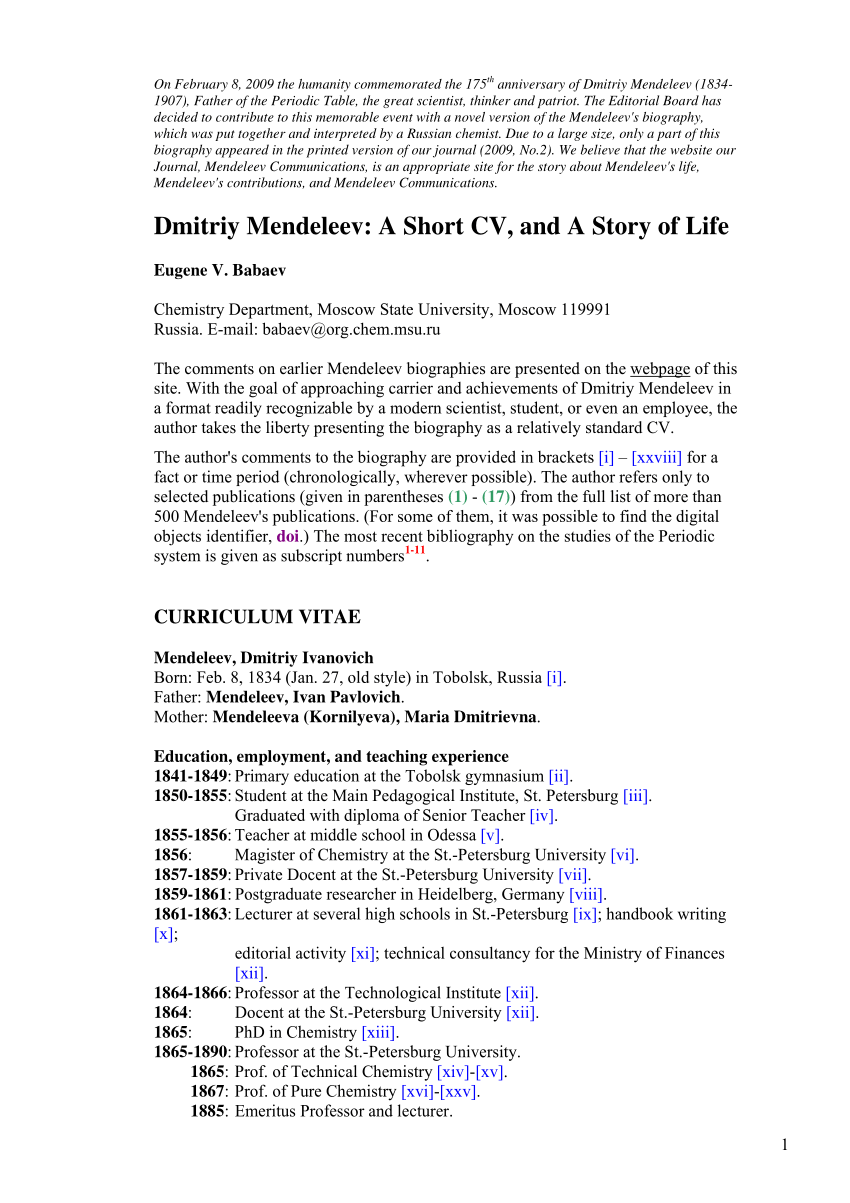 pdf  dmitriy mendeleev  a short cv  and a story of life