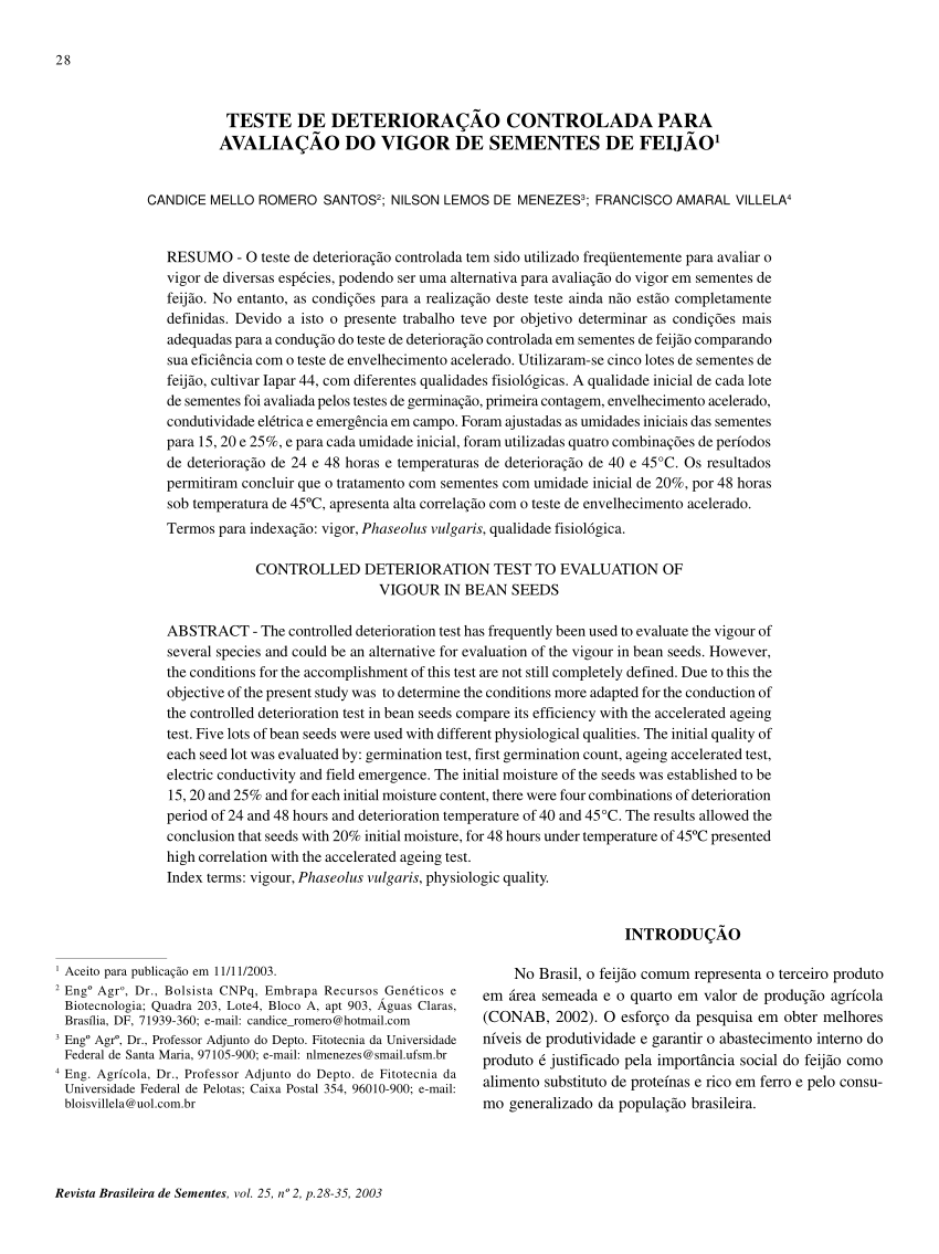 PDF) Teste de deterioração controlada para avaliação do vigor de sementes  de feijão