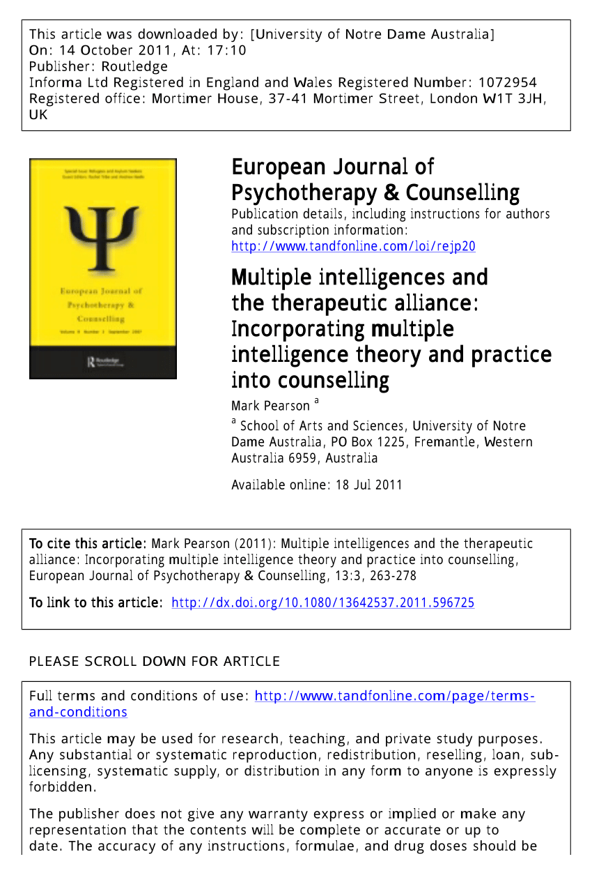 Pdf Multiple Intelligences And The Therapeutic Alliance Incorporating Multiple Intelligence Theory And Practice In Counselling