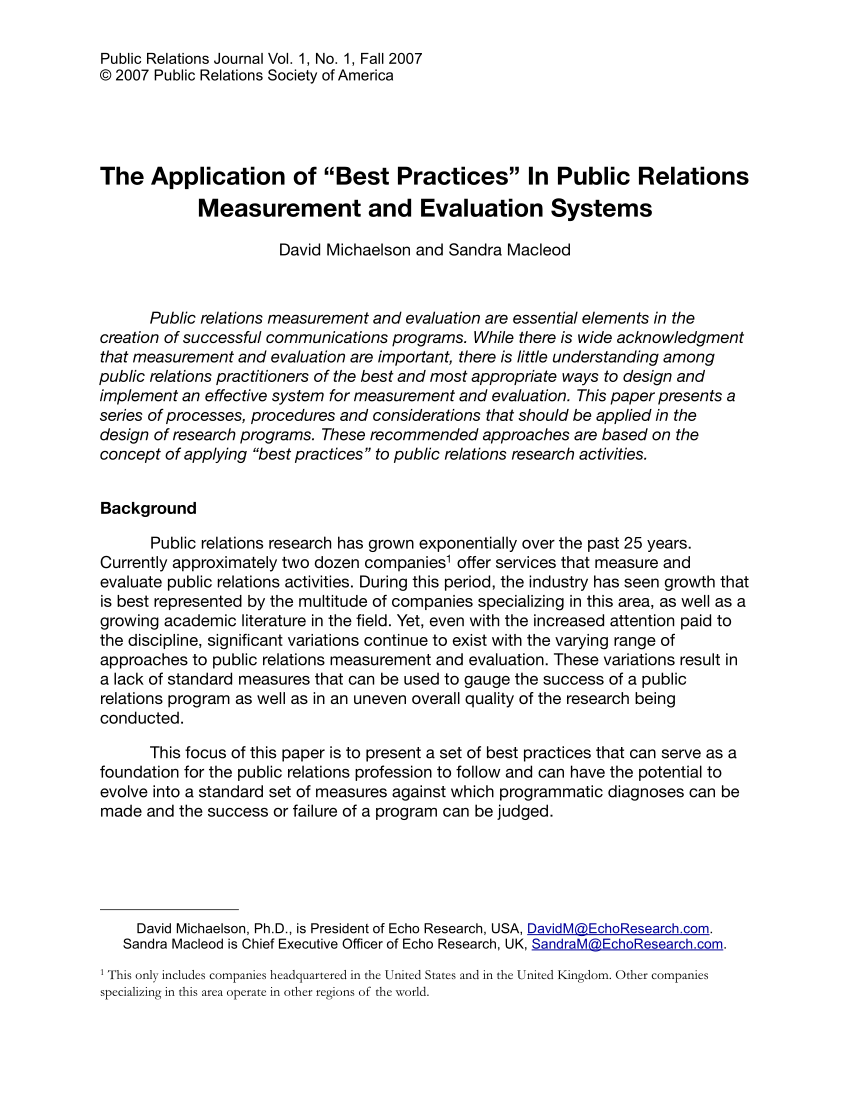 PDF) The Application of “Best Practices” In Public Relations ...