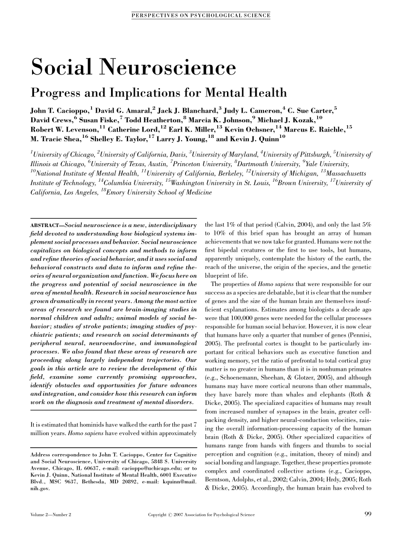 Pdf Social Neuroscience Progress And Implications For Mental Health