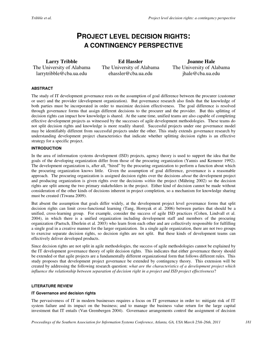 PDF) Project Level Decision Rights: A Contingency Perspective