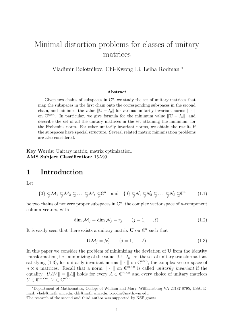 Pdf Minimal Distortion Problems For Classes Of Unitary Matrices