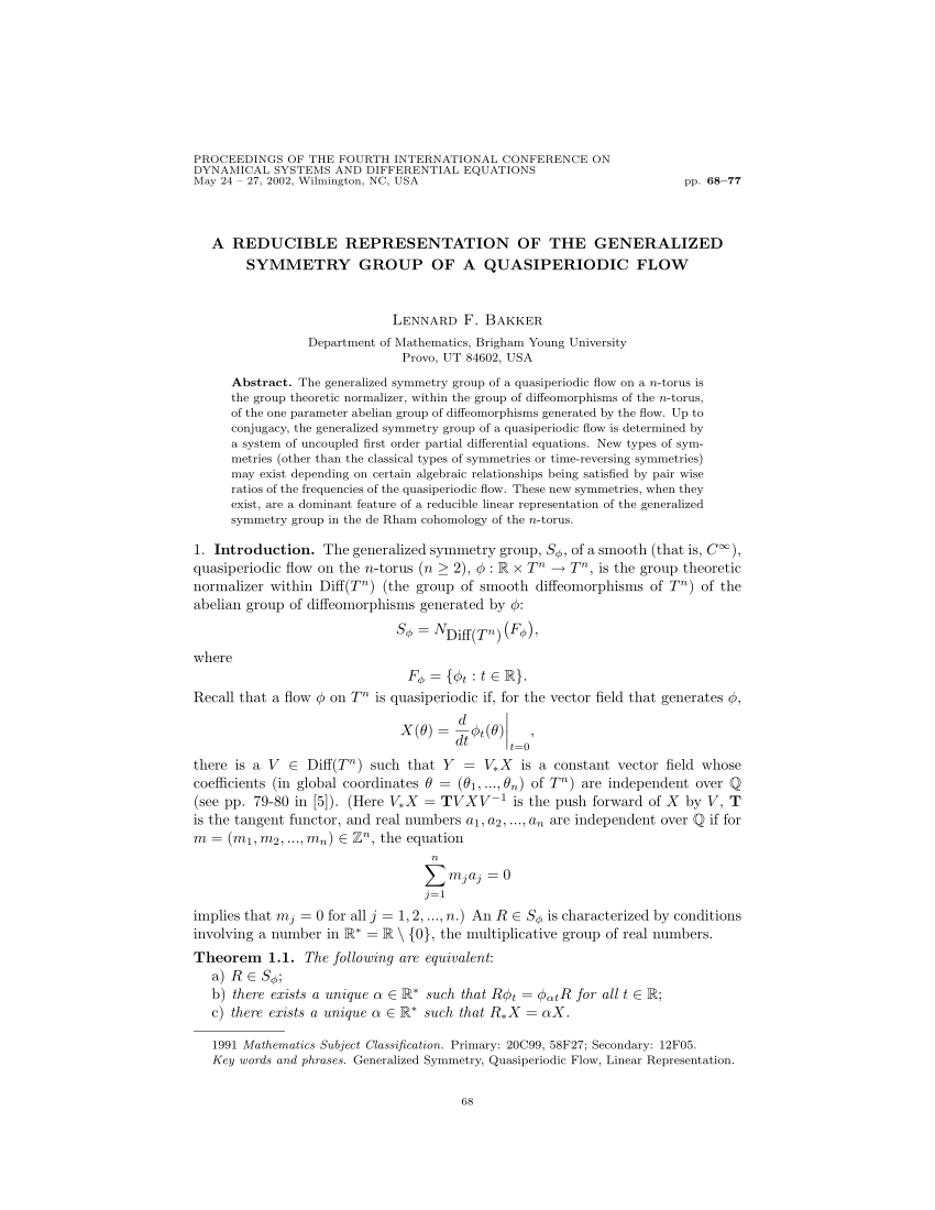 Pdf A Reducible Representation Of The Generalized Symmetry Group Of A Quasiperiodic Flow