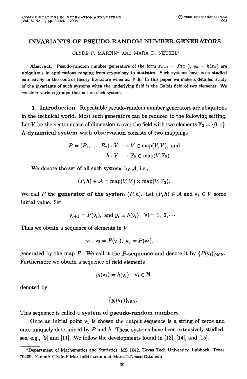 Pseudo Random Number Generator Procedure