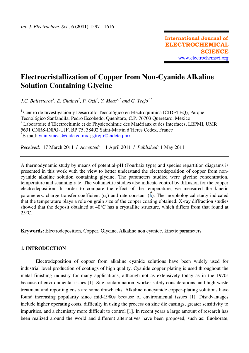 Pdf Electrocristallization Of Copper From Non Cyanide Alkaline Solution Containing Glycine