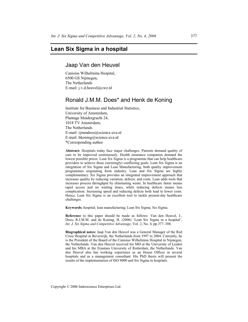 Pdf Lean Six Sigma In A Hospital