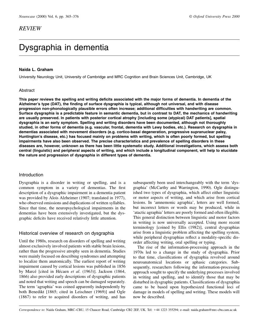 PDF) Dysgraphia in dementia