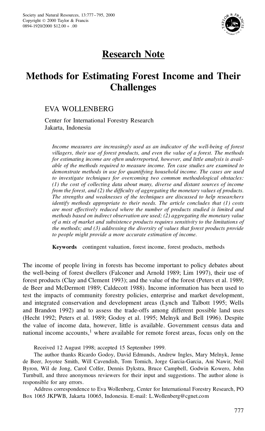 Pdf Research Note Methods For Estimating Forest Income And Their Challenges