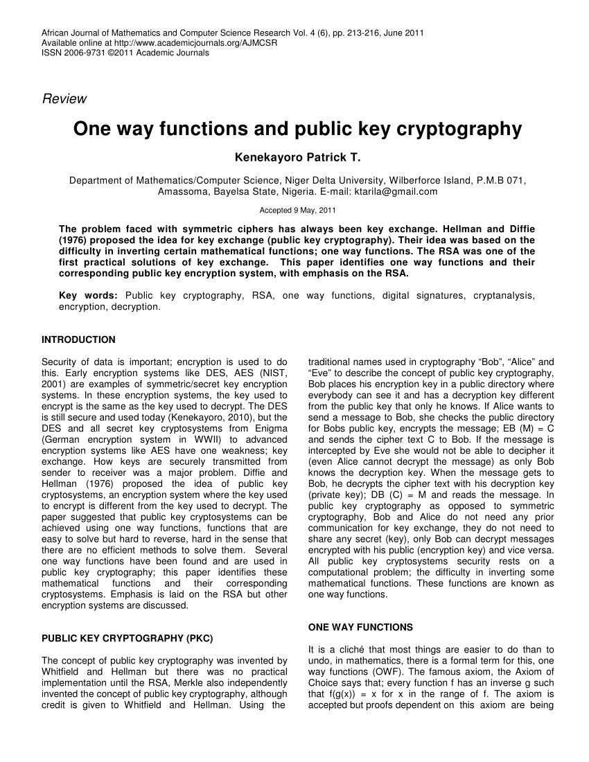 PDF One way functions and public key cryptography