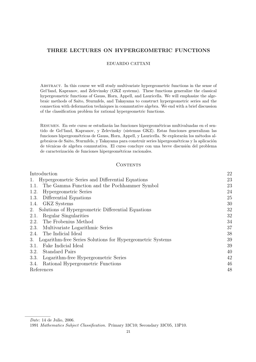 Pdf Three Lectures On Hypergeometric Functions