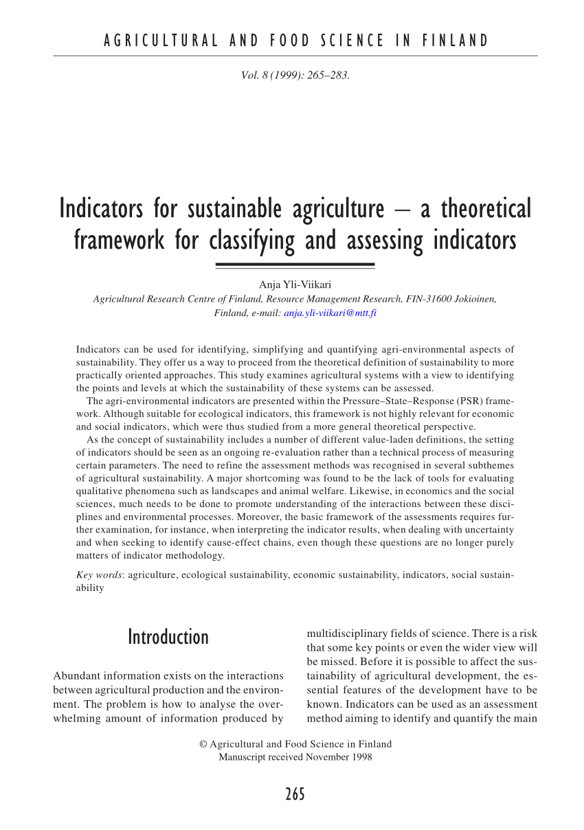 Pdf Indicators For Sustainable Agriculture A Theoretical Framework For Classifying And Assessing Indicators