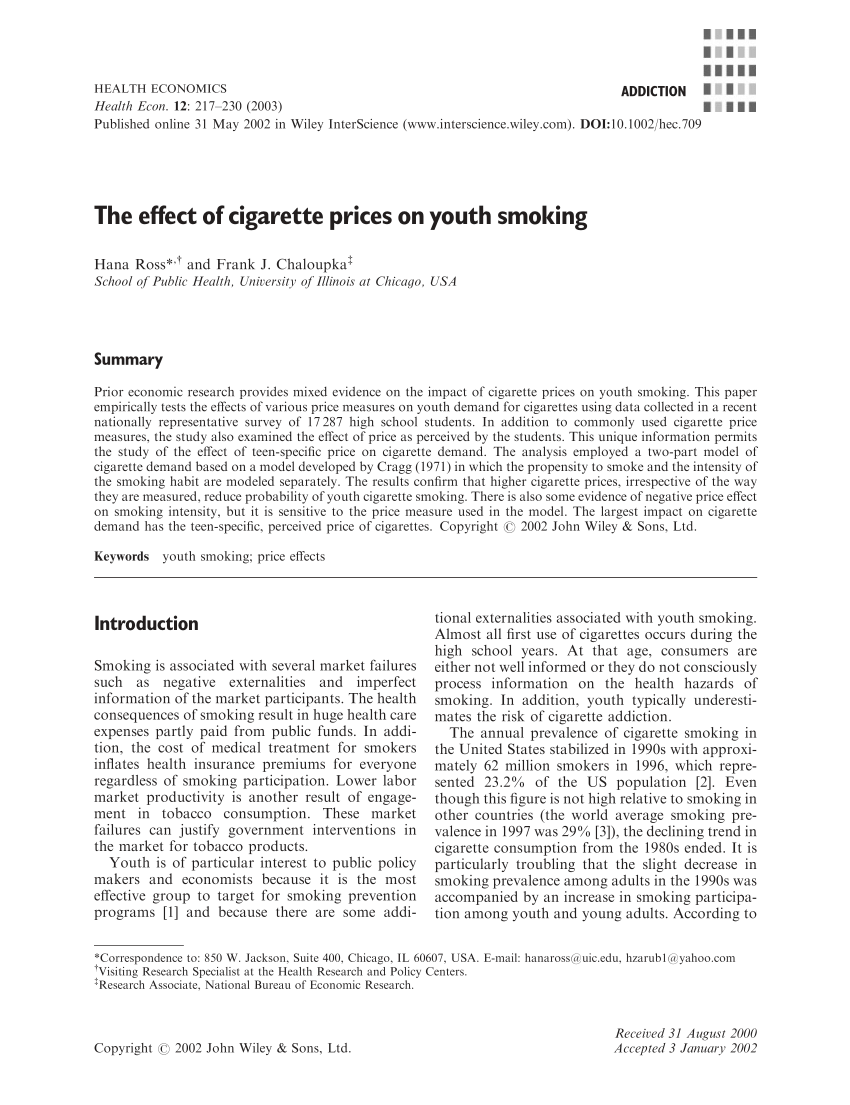 the effect of cigarette prices on youth smoking research paper