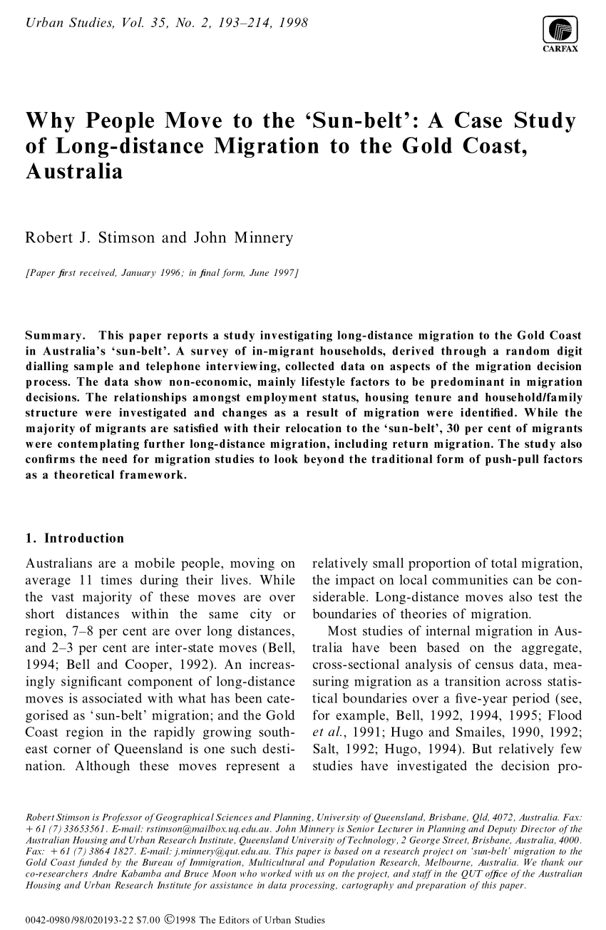 Pdf Why People Move To The Sun Belt A Case Study Of Long Distance Migration To The Gold Coast Australia