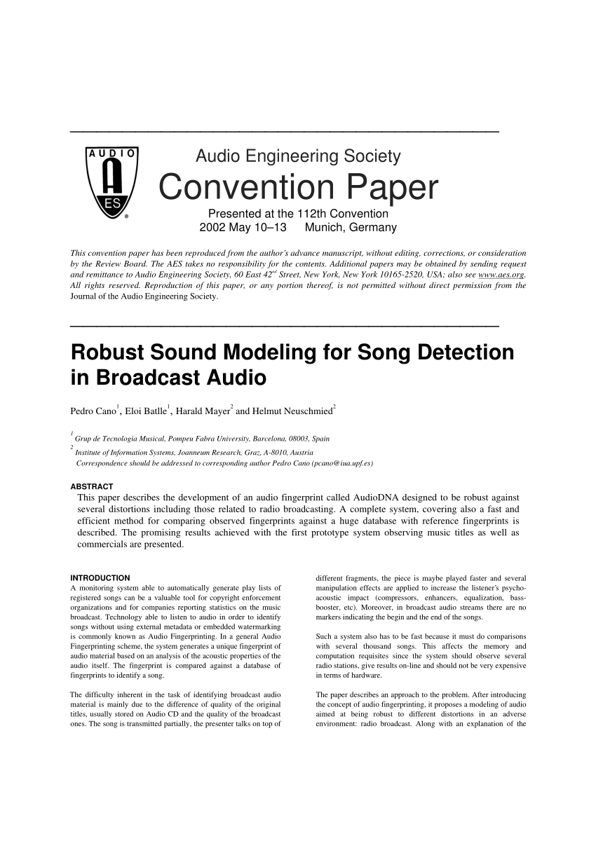 Pdf Robust Sound Modeling For Song Detection In Broadcast Audio