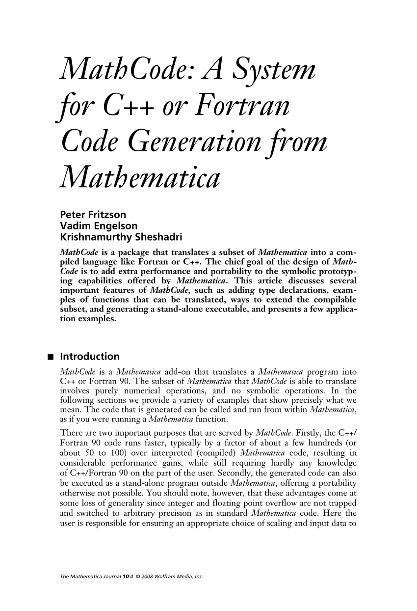 Pdf Mathcode A System For C Or Fortran Code Generation From Mathematica